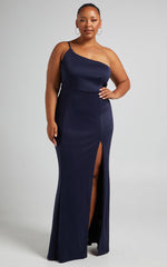 No Ones Fault Midi Dress - One Shoulder Thigh Split Dress in Navy
