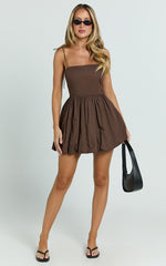 Kimberly Mini Dress - Square Neck Bubble Hem Dress in Chocolate