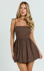 Kimberly Mini Dress - Square Neck Bubble Hem Dress in Chocolate