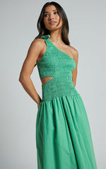 Larose Midi Dress - One Shoulder Tie Side Cut Out Dress Fit and Flare Dress in Green