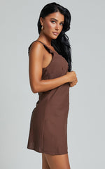 Lauryn Mini Dress - Linen V Neck A Line Dress in Chocolate