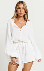 Laylani Playsuit - V Neck Puff Sleeve in White
