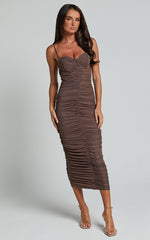 Leanor Midi Dress - Mesh Ruched Bustier Bodycon Dress in Chocolate