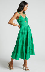 Leticia Midi Dress - Twist Front Tie Strap Tiered Dress in Green