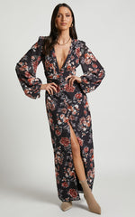 Lorelei Maxi Dress - V Neck Balloon Sleeve Dress in Noir Floral