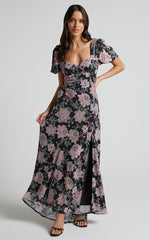 Lorie Maxi Dress - Short Sleeve Cut Out Tie Back Dress in Ornamental Floral
