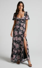Lorie Maxi Dress - Short Sleeve Cut Out Tie Back Dress in Ornamental Floral