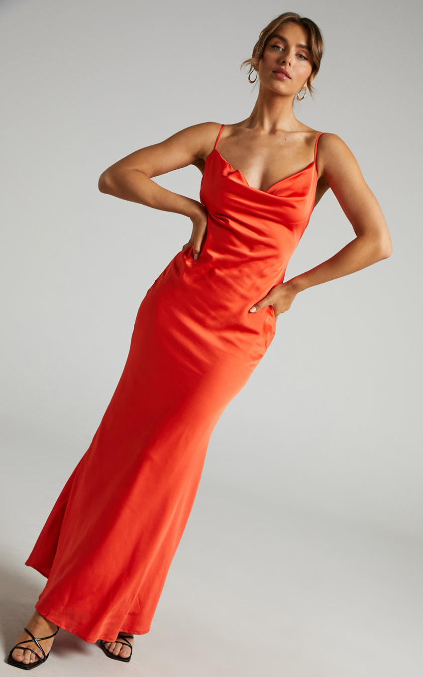 Lunaria Maxi Dress - Cowl Mermaid Slip Dress in Oxy Fire