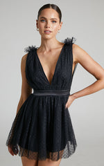 Mariabella Mini Dress - Tulle Plunge Dress in Black