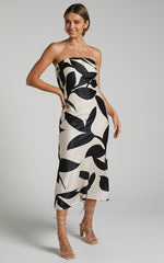 Madelyn Midi Dress - Strapless Palm Print Satin Dress in Cream and Black Shadow Print