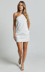 Mardelle Mini Dress - Linen One Shoulder Shift Dress in White