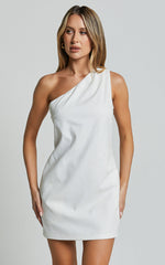 Mardelle Mini Dress - Linen One Shoulder Shift Dress in White
