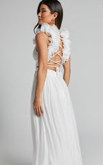 Marielly Midi Dress - Side Cut Out V Neck Ruffle Detail Sleeve Dress in White