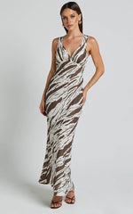 Mauriel Midi Dress - Deep V Gathered Bust Slip Dress in Beige and Chocolate
