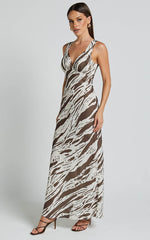 Mauriel Midi Dress - Deep V Gathered Bust Slip Dress in Beige and Chocolate
