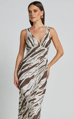 Mauriel Midi Dress - Deep V Gathered Bust Slip Dress in Beige and Chocolate