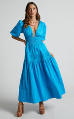 Mellie Midi Dress - Puff Sleeve Plunge Tiered Dress in Blue