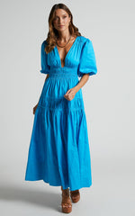 Mellie Midi Dress - Puff Sleeve Plunge Tiered Dress in Blue