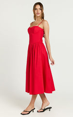 Mhissa Midi Dress - Sweetheart Neck  Fit & Flare Dress in Red