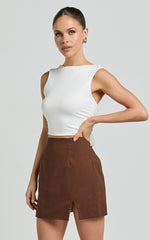 Mindy Mini Skirt - Linen Look A Line Side Split Skirt in Brown