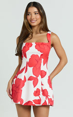Morgan Mini Dress - Wide Strap Square Neck Fitted Bodice Tulip Skirt Dress in Bouquet Di Fiori Print