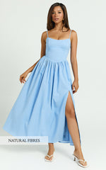 Morris Midi Dress - Linen Scoop Neck Gathered Dress in Blue