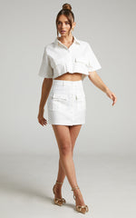 Navine Two Piece Set - Button Front Crop Top and Cargo Pocket Mini Skirt Set in White