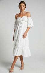 Nikka Midi Linen Blend Dress - Shirred Off Shoulder Puff Sleeve Dress in White