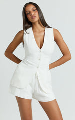 Olivia Top - Longline Linen V Neck Back Tie Vest Top in White