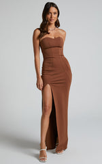 Oriella Maxi Dress - Panelled Thigh Split Strapless Dress in Chocolate
