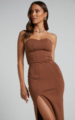 Oriella Maxi Dress - Panelled Thigh Split Strapless Dress in Chocolate