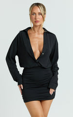 Pearce Mini Dress - Ruched Jersey Shirt Dress in Black