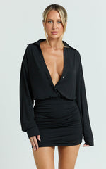 Pearce Mini Dress - Ruched Jersey Shirt Dress in Black