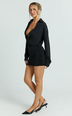 Pearce Mini Dress - Ruched Jersey Shirt Dress in Black