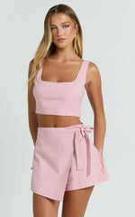 Polina Two Piece Set - Linen Square Neck Crop Top and Tie Waist Skort Set in Pale Pink