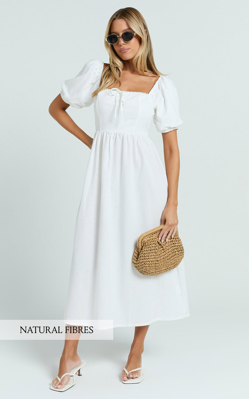 Quinn Midi Linen Blend Dress - Puff Sleeve Square Neck Dress in White