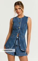 Rhianna Top - Button Down Longline Recycled Denim Vest Top in Dark Blue Wash