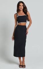 Rita Two Piece Set - Linen Contrast Crop Top and Pencil Midi Skirt Set in Black
