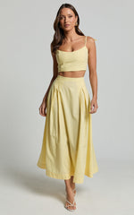 Rosalee Two Piece Top and Skirt Set - Strappy Crop Top and High Waisted A Line Midi Skirt Set in Yellow