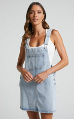 Ruvie Mini Dress - Recycled Cotton Denim Dungaree Dress in Light Blue Wash