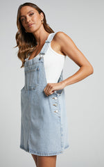 Ruvie Mini Dress - Recycled Cotton Denim Dungaree Dress in Light Blue Wash