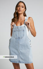 Ruvie Mini Dress - Recycled Cotton Denim Dungaree Dress in Light Blue Wash