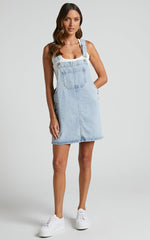 Ruvie Mini Dress - Recycled Cotton Denim Dungaree Dress in Light Blue Wash