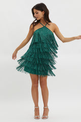 Boulevarde Fringe Trim Mini Dress Dark Green