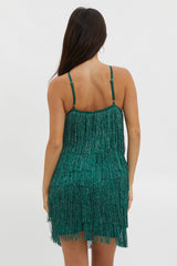 Boulevarde Fringe Trim Mini Dress Dark Green
