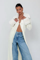 Snowflakes Fur Trim Longline Cardigan Coat Ivory