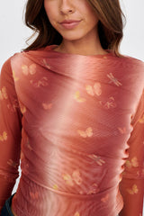 Mishka Long Sleeve Mesh Top Rust Multi