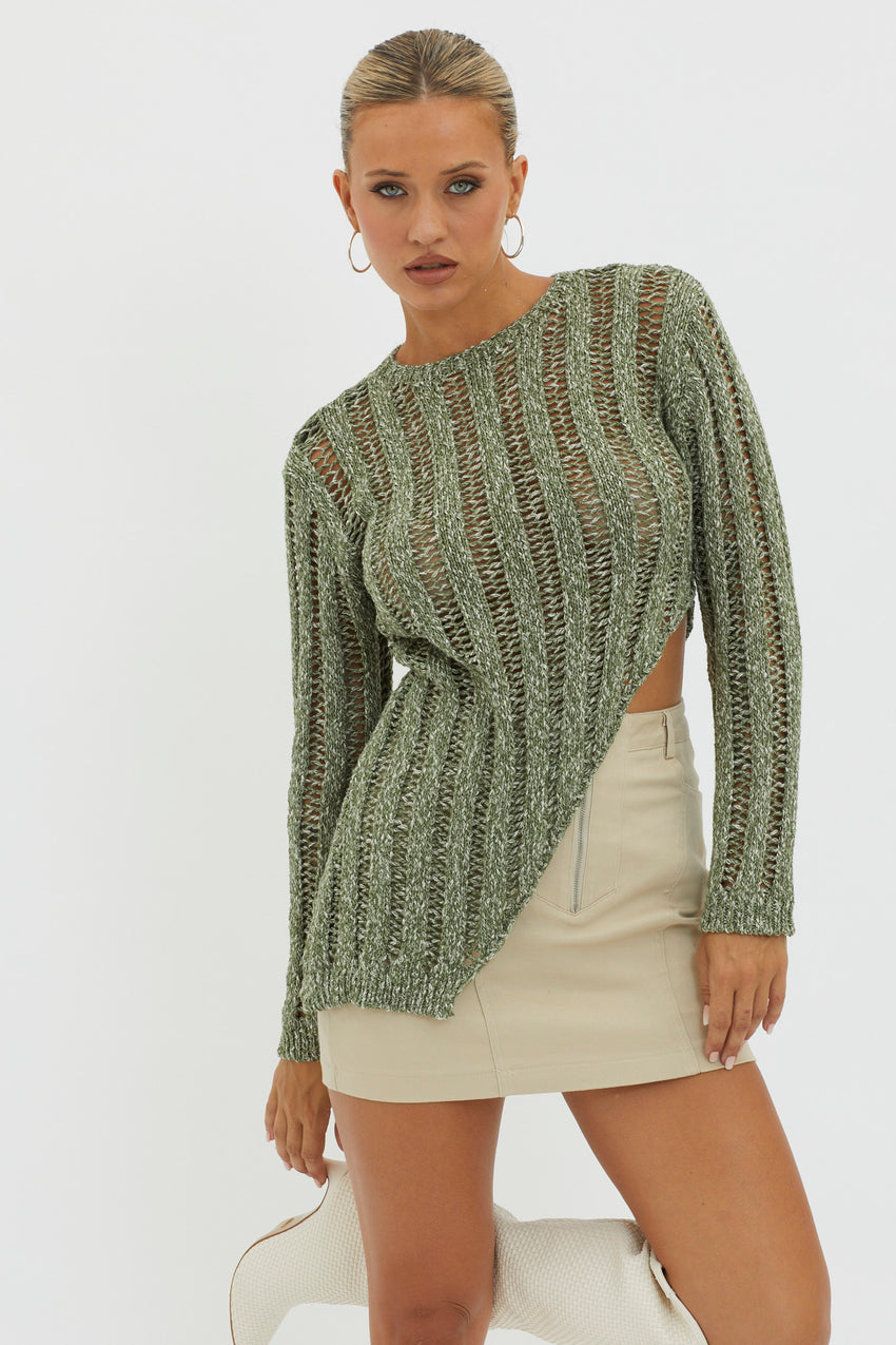 Evergreen Asymmetrical Hem Ribbed Knit Top Olive