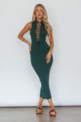 Brand New Day Lace-Up Bust Knit Midi Dress Emerald