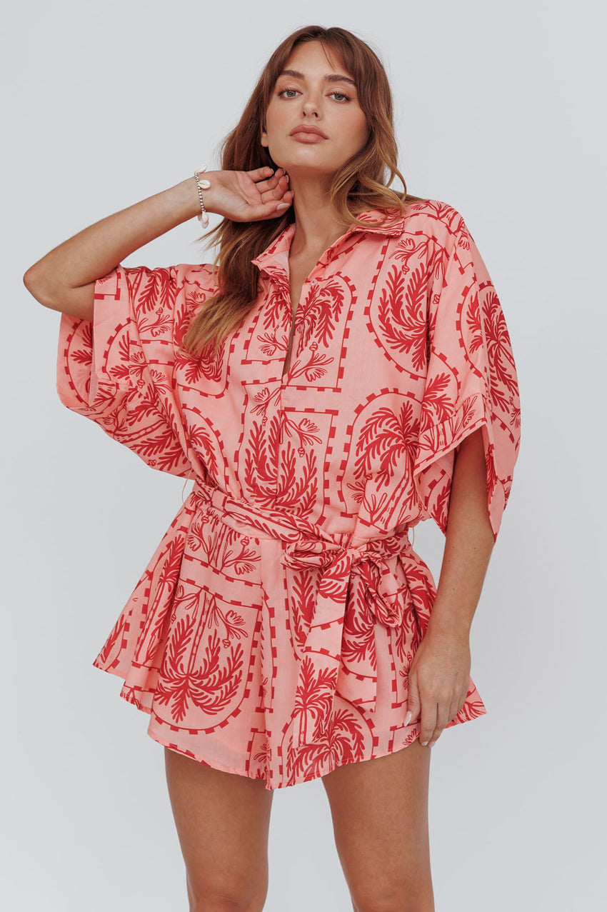 Daytona Beach Button-Up Romper Print Peach